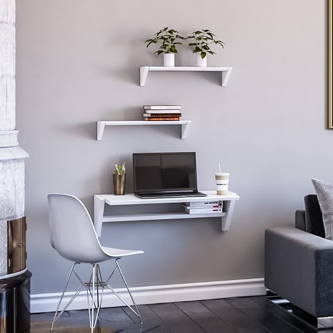 Reversible Wall Desk, White Floating Desk with Wall Mounted Shelf for Computer, Home, Office, Bedroom, Living, Kitchen and Study - L - LeafyLoom