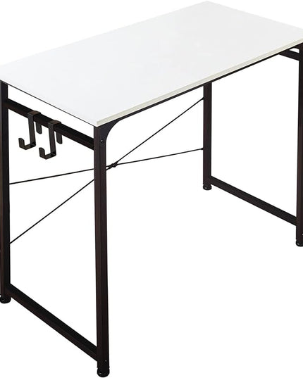 TEAMIX White Compact Computer Desk 32'' Study Writing Desk for Home Office Mini Laptop Desk with Hooks Small Spaces Heavy-Duty Steel Legs - LeafyLoom