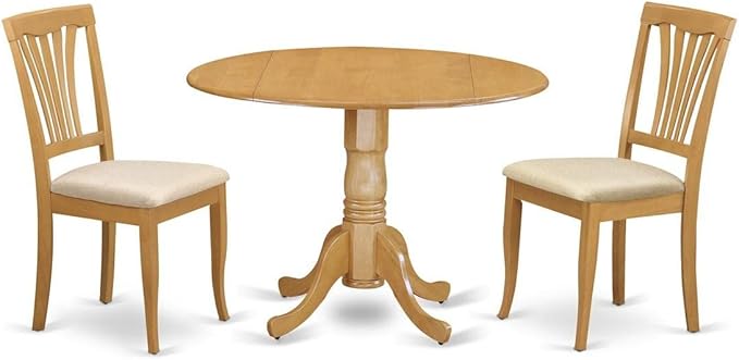 East West Furniture DLAV3-OAK-C 3 Piece Dining Set Contains a Round Dining Table with Dropleaf and 2 Linen Fabric Kitchen Room Chairs, 42x42 Inch, Oak - LeafyLoom