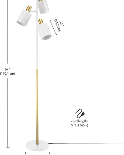 Globe Electric 65538 67" 3-Light Floor Lamp, Matte White, Antique Brass Accents, Pivoting Lamp Heads, in-Line On/Off Foot Switch, Floor Lamp for Living Room, Floor Lamp for Bedroom, Home Improvement - LeafyLoom