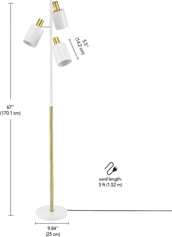 Globe Electric 65538 67" 3-Light Floor Lamp, Matte White, Antique Brass Accents, Pivoting Lamp Heads, in-Line On/Off Foot Switch, Floor Lamp for Living Room, Floor Lamp for Bedroom, Home Improvement - LeafyLoom