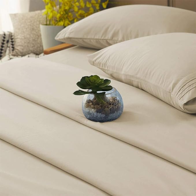 SONORO KATE Bed Sheet Set Super Soft Microfiber 1800 Thread Count Luxury Egyptian Sheets 16-Inch Deep Pocket，Wrinkle -4 Piece (Beige, California King) - LeafyLoom