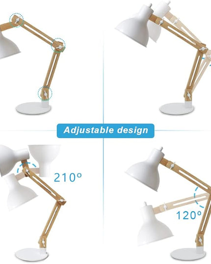 DINGLILIGHTING DLLT Swing Arm Desk Lamp, Wood Adjustable Gooseneck Table Lamp, Modern Architect Desk Light, Reading Light for Work, Study, Bedroom, Home Office, White Metal Shade, E26 Bulb Included - LeafyLoom