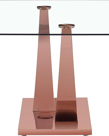 Modern Glass Table with Rectangular Tempered Tabletop,Dinner Desk Set for 4-8 People W, Home,Kitchen,Dining Room,Office,Rose Gold+Clear Finish, 63" U-Shape Pedestal Base - LeafyLoom