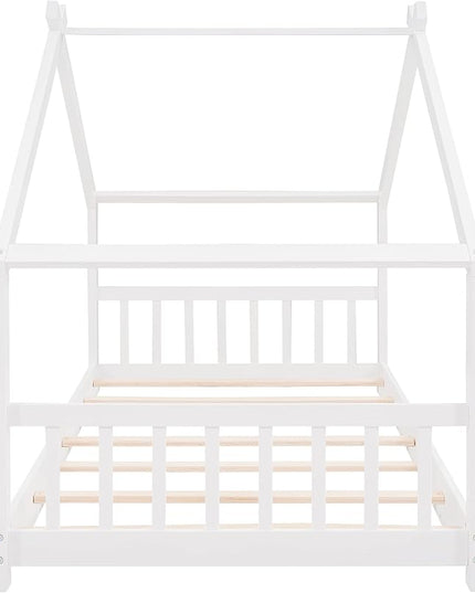 Montessori Floor Bed Frame Twin Size, Twin Floor Bed Frame with Headboard, Footboard and Slats, Wood Montessori Bed Frame/Montessori House Bed for Kids, Girls, Boys(White) - LeafyLoom