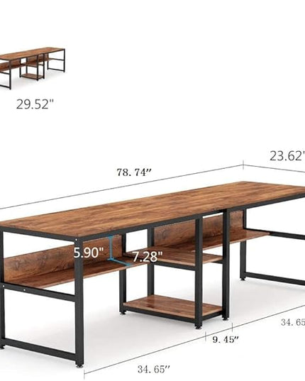 Tribesigns Two Person Desk with Bookshelf, 78.7 Computer Office Double Desk for Two Person, Rustic Writing Desk Workstation with Shelf for Home Office (Brown) - LeafyLoom