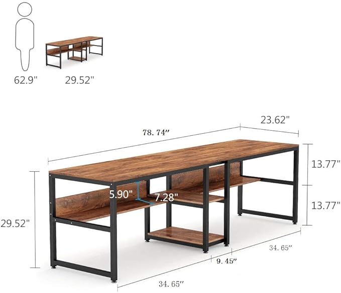Tribesigns Two Person Desk with Bookshelf, 78.7 Computer Office Double Desk for Two Person, Rustic Writing Desk Workstation with Shelf for Home Office (Brown) - LeafyLoom