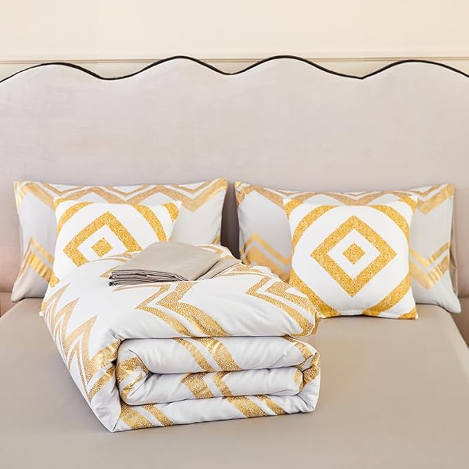 7PCS Gold and Grey Comforter Set,Gray Comforter Set Queen Size,Metallic Blush and Grey Bedding Set Queen,Bed in A Bag Queen for Teen Girls Women,Bedroom Decoration Queen 7Pcs - LeafyLoom