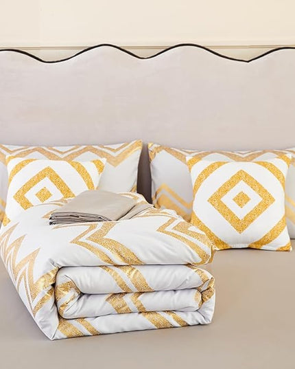 7PCS Gold and Grey Comforter Set,Grey Bedding Set Full Size,Metallic Blush and Grey Bedding Set Full,Bed in A Bag Full Comforter for Teen Girls Women,Bedroom Decoration Full 7Pcs - LeafyLoom