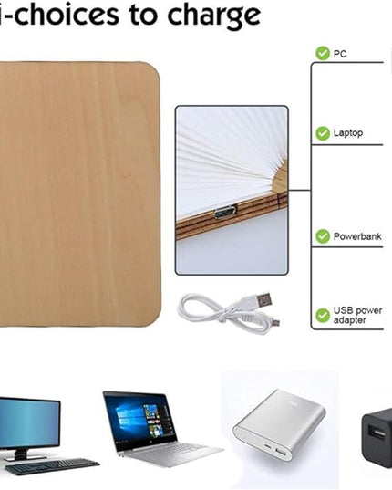Folding Book Lamp Novelty Wooden Table Lamp Portable Desk Light LED Paper Lantern with USB Rechargeable for Gift Home Office Decor - LeafyLoom