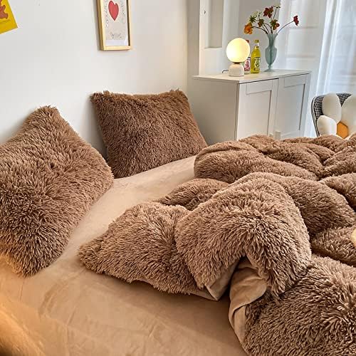 Faux Fur Kids Girls Coffee Comforter Sets Queen - 3PC Bed Set Warm Comfortable Soft Plush Flannel Velvet Fluffy Fuzzy Bedding（Comforter x 1 Pillowcases x 2） - LeafyLoom