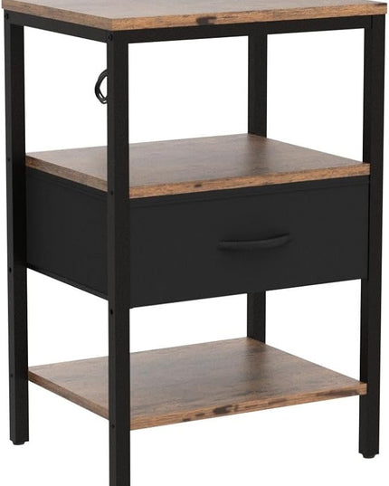 SUPERJARE Nightstand Set of 2, Bed Side Tables with Charging Station, Adjustable Fabric Drawer, Night Stand for Bedroom, 3-Tier Storage End Tables, for Living Room, Rustic Brown and Black - LeafyLoom