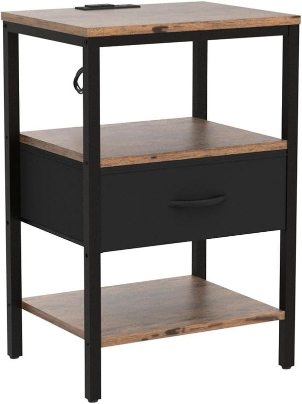 SUPERJARE Nightstand Set of 2, Bed Side Tables with Charging Station, Adjustable Fabric Drawer, Night Stand for Bedroom, 3-Tier Storage End Tables, for Living Room, Rustic Brown and Black - LeafyLoom