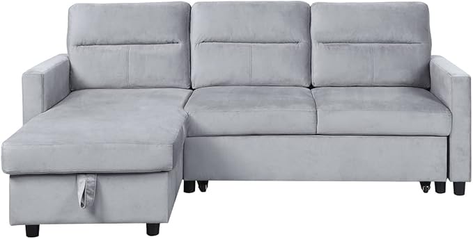 L-Shape Convertible Sleeper Sectional Sofa, with Pull-Out Bed & Storage Chaise, 81.5" Velvet Reversible Corner 3 Person Couch, Button Tufted Backrest, for Living Room-Light Gray, 81.5 Inch - LeafyLoom