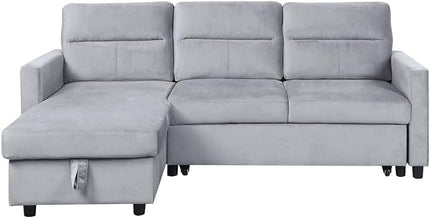 Velvet Reversible Sleeper Sectional Sofa with Storage Chaise and Side Pocket, Pull Out Couch Bed for Living Room, Apartment, Compact Space, Light Gray, 81.5 - LeafyLoom