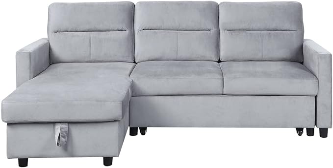 Velvet Reversible Sleeper Sectional Sofa with Storage Chaise and Side Pocket, Pull Out Couch Bed for Living Room, Apartment, Compact Space, Light Gray, 81.5 - LeafyLoom