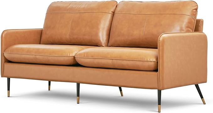 67" Top-Grain Leather Sofa, 2 Seater Loveseat Couch, Mid-Century Modern Leather Couch for Living Room Bedroom Apartment Office, Cognac Tan - LeafyLoom