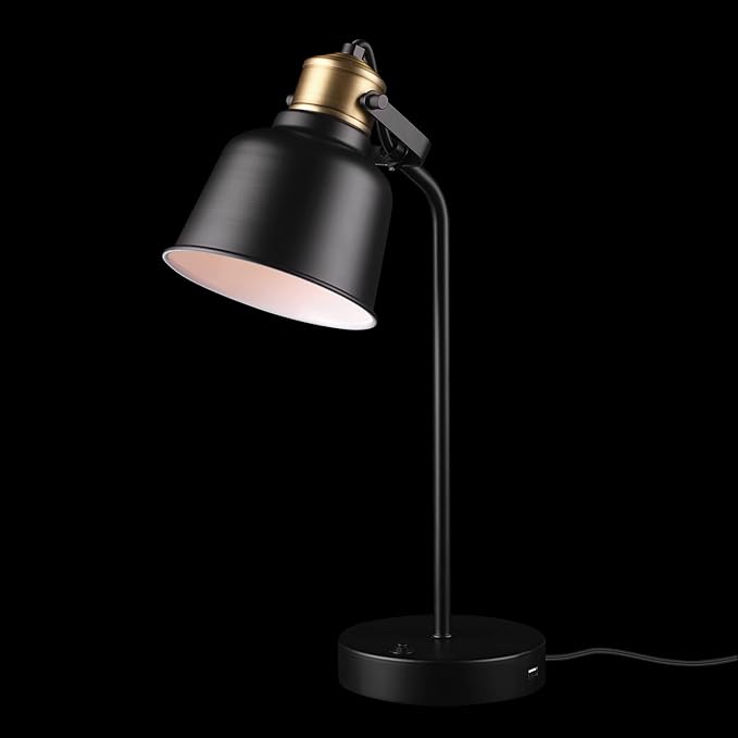Globe Electric 30297 18" Desk Lamp with 2.1 USB Port, Matte Black, Brass Accents, Push Button On/Off Switch, Home Décor, Desk Lamps for Home Office, Home Office Accessories, Home Improvement - LeafyLoom