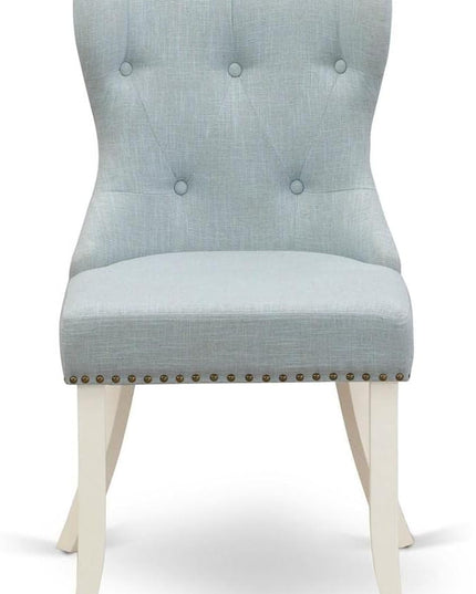 East West Furniture SIP2T15 Sion Parson Kitchen Button Tufted Nailhead Trim Baby Blue Fabric Upholstered Dining Chairs, Set of 2, Linen White - LeafyLoom