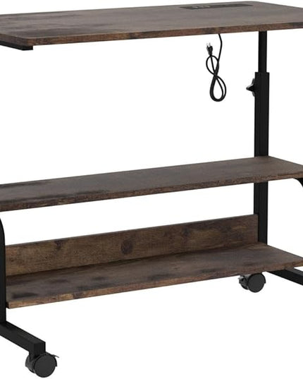 Height Adjustable Standing Desk with Power Outlets, 32" Manual Stand Up Desk with Storage Shelves Small Mobile Rolling Computer Desk Portable Laptop Table with Wheels for Home Office, Rustic - LeafyLoom