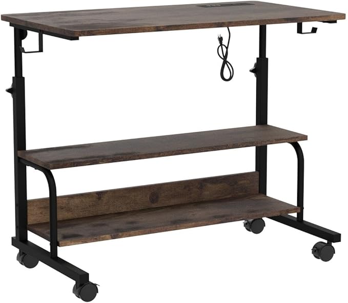 Height Adjustable Standing Desk with Power Outlets, 32" Manual Stand Up Desk with Storage Shelves Small Mobile Rolling Computer Desk Portable Laptop Table with Wheels for Home Office, Rustic - LeafyLoom