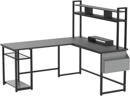 Aheaplus L Shaped Desk with Power Outlet & LED Strip, Reversible L-Shaped Corner Computer Desks Gaming Desk with Storage Shelf & Monitor Stand, Modern 2 Person Home Office Desk Writing Desk, Grey Oak - LeafyLoom