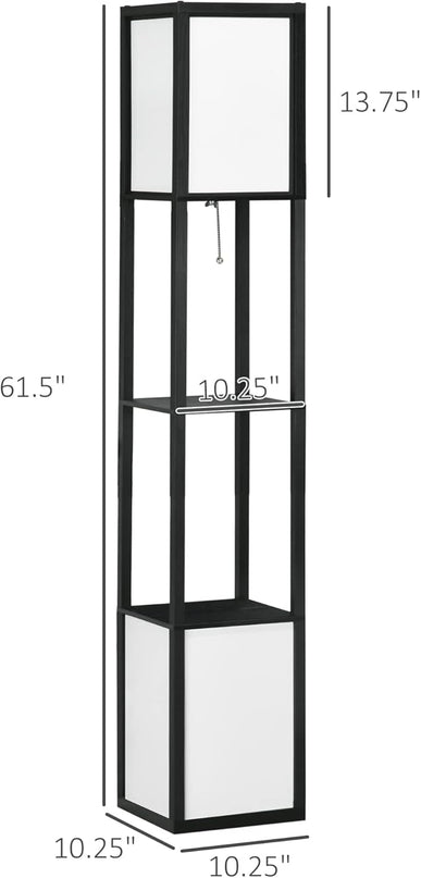 HOMCOM Modern Floor Lamp with Shelves & Dual Ambient Lighting, Tall Standing Lamp for Living Room, Bedroom with Fabric Lampshade (Bulb not Included), Black - LeafyLoom