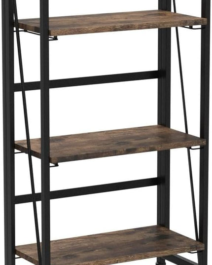 4NM No-Assembly Folding Bookshelf Storage Shelves 3 Tiers Vintage Bookcase Standing Racks Study Organizer Home Office (Rustic Brown and Black) - LeafyLoom