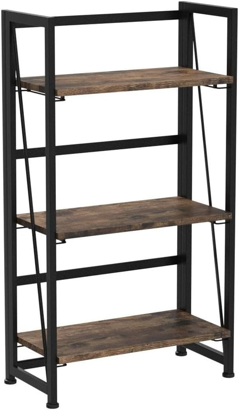 4NM No-Assembly Folding Bookshelf Storage Shelves 3 Tiers Vintage Bookcase Standing Racks Study Organizer Home Office (Rustic Brown and Black) - LeafyLoom
