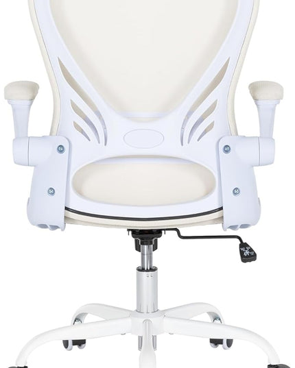 Desk Chair Mesh Office Chair with Flip-up Arms Mid Back Swivel Computer Chair Home Office Work Chair Girls Women's Desk Chair (White) - LeafyLoom