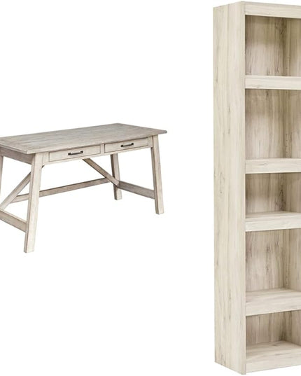 Signature Design by Ashley Carynhurst Farmhouse 60" Home Office Desk with Drawers, Distressed White & Bellaby Farmhouse Pier with 3 Adjustable Shelves, Whitewash - LeafyLoom