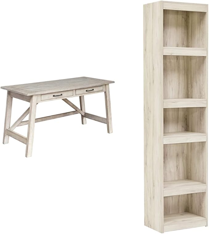 Signature Design by Ashley Carynhurst Farmhouse 60" Home Office Desk with Drawers, Distressed White & Bellaby Farmhouse Pier with 3 Adjustable Shelves, Whitewash - LeafyLoom