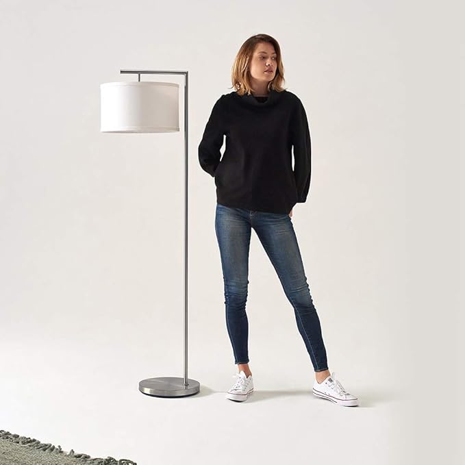 Brightech Montage Modern Floor lamp, LED Floor Lamp for Living Rooms & Offices - Tall Standing Lamp for Bedroom Reading - Corner Pole Lamp for Contemporary Home Decor - Satin Nickel - LeafyLoom