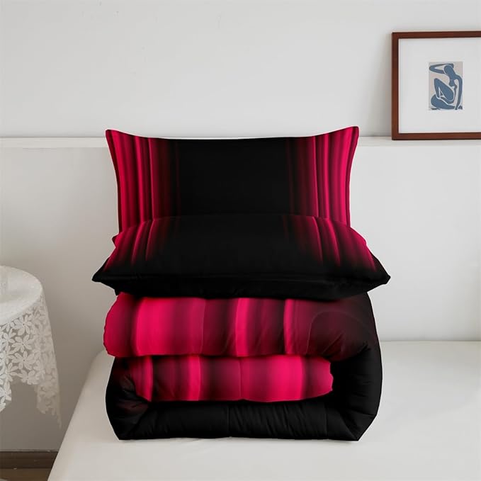 Geometric Abstract Ombre Bedding Bed Set Men Adults Teens Vibrant Red Black Striped Comforter Set Kids Boys Girls Simple Modern Comforter Collection 3Pcs Full Size Boys - LeafyLoom