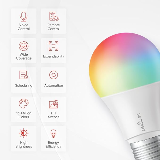 Sengled Alexa Light Bulb, Zigbee Bulb Smart Hub Required, Works with Alexa and SmartThings, Voice Control with Echo Show 10 with built-in Hub, Color Changing 60W Equivalent A19 Smart Light Bulbs, 4PK Sengled