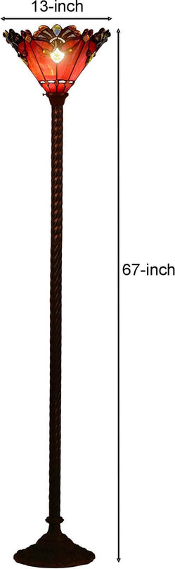 Bieye L10682 Baroque 67 inch Tiffany Style Stained Glass Torchiere Floor Lamp with 13 Inch Wide Handmade Lampshade, Metal Base with Dark Brown Baking Finish, Red - LeafyLoom