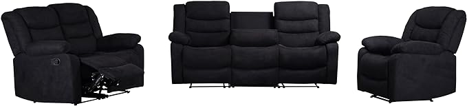Manual Set, Modern Single Chair, Loveseat and 3 Seat Sofa&Couch with Consoles,2 Cup Holders and Storage, Living Room Furniture, Upholstered Reclining Sectional Sofa, Black - LeafyLoom
