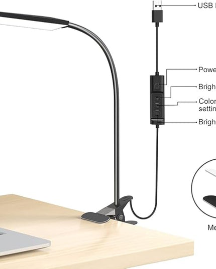 RAOYI LED Desk Lamp, 5W USB Clip on Light Eye-Caring Reading Clamp Table Lamp with 48 LEDs Flexible Gooseneck, 3 Color Modes and 14 Brightness Levels for Office Bedroom Study (Black) - LeafyLoom