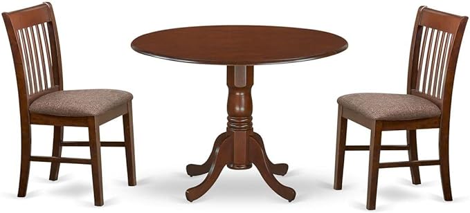 East West Furniture Dublin 3 Piece Kitchen Set Contains a Round Room Table with Dropleaf and 2 Linen Fabric Upholstered Dining Chairs, 42x42 Inch, DLNO3-MAH-C - LeafyLoom
