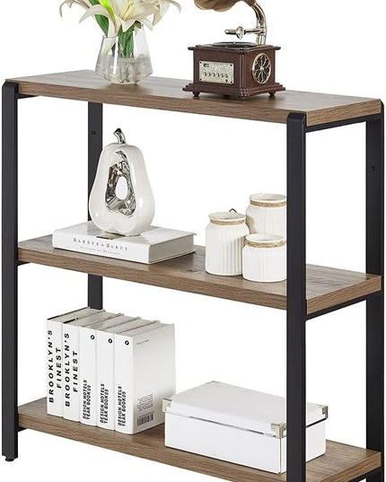 FOLUBAN 3 Tier Bookshelf, Industrial Bookcase and Book Shelves for Bedroom, Rustic Wood and Metal Book Case for Office, Oak - LeafyLoom
