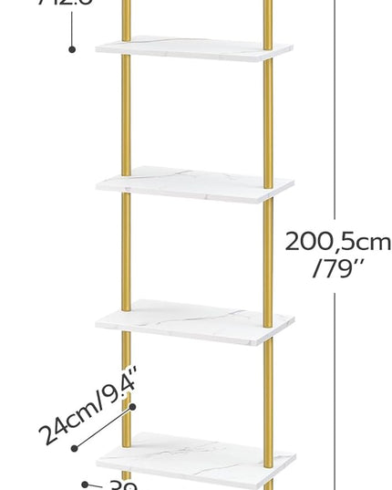 HOOBRO DIY Ladder Shelf, 6-Tier Wooden Wall Mounted Bookshelf, Narrow Gold Bookcase, Display Shelf, Storage Rack, Plant Stand, for Living Room, Bedroom, Study, Balcony, Marble and Gold DM651CJ01 - LeafyLoom