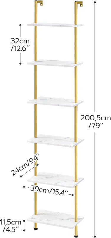 HOOBRO DIY Ladder Shelf, 6-Tier Wooden Wall Mounted Bookshelf, Narrow Gold Bookcase, Display Shelf, Storage Rack, Plant Stand, for Living Room, Bedroom, Study, Balcony, Marble and Gold DM651CJ01 - LeafyLoom