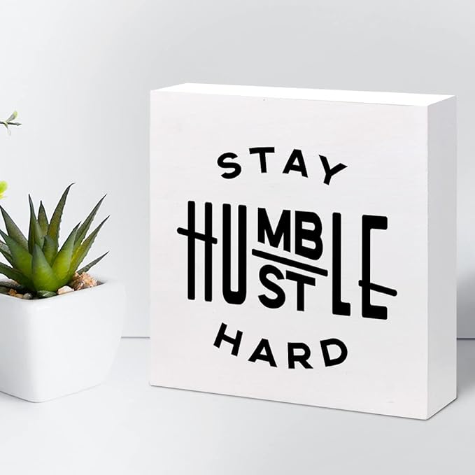 Stay Humble Hustle Hard Sign,Inspirational Quote Wood Box Sign,Motivational Wooden Block Signs,Positive Wood Signs,Entrepreneur Decorations for Home Office Shelf Table Decor - LeafyLoom