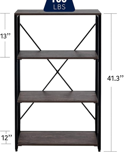 Bookshelf,4-Tier Folding Bookcase,Industrial Book Shelf,Rustic Wood Storage Shelves,Tall Bookshelf,Shelves For Bedroom,Office,Kitchen,Living Room,Study Room,No Assembly Folding Bookshelf,Black - LeafyLoom