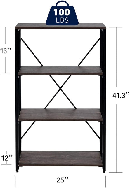 Bookshelf,4-Tier Folding Bookcase,Industrial Book Shelf,Rustic Wood Storage Shelves,Tall Bookshelf,Shelves For Bedroom,Office,Kitchen,Living Room,Study Room,No Assembly Folding Bookshelf,Black - LeafyLoom