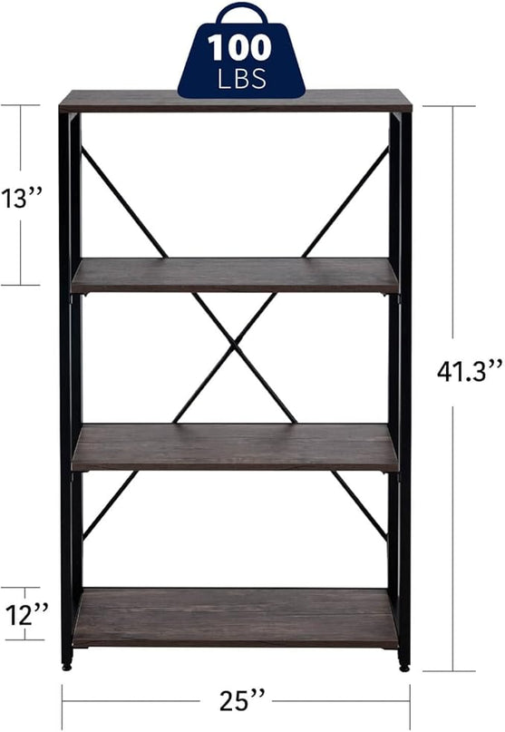 Bookshelf,4-Tier Folding Bookcase,Industrial Book Shelf,Rustic Wood Storage Shelves,Tall Bookshelf,Shelves For Bedroom,Office,Kitchen,Living Room,Study Room,No Assembly Folding Bookshelf,Black - LeafyLoom