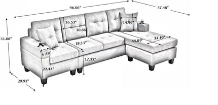 L-Shape Sectional, with 2 Throw Pillows, Side Pocket and Cupholders, Convertible Corner Sofa w/Armrest, Left Chaise Longue, for Living Room & Apartment, 96Inch, Gray - LeafyLoom
