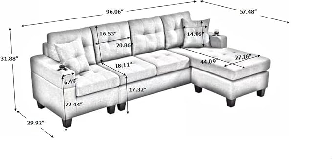 L-Shape Sectional, with 2 Throw Pillows, Side Pocket and Cupholders, Convertible Corner Sofa w/Armrest, Left Chaise Longue, for Living Room & Apartment, 96Inch, Gray - LeafyLoom