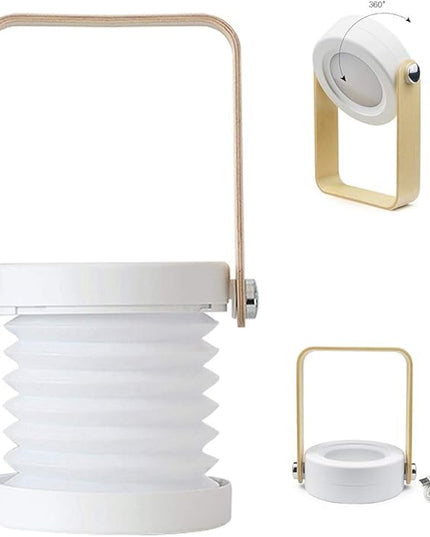 4-in-1 Foldable Table Lamp,USB Retractable LED Light,Wooden Handle Portable Lantern Light and Flashlight,Touch Control Dimmable 3 Level Brightness Night Light for Reading, Outdoor Camping (White) - LeafyLoom