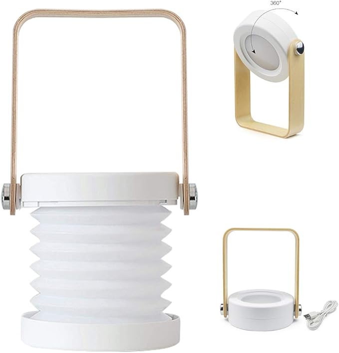 4-in-1 Foldable Table Lamp,USB Retractable LED Light,Wooden Handle Portable Lantern Light and Flashlight,Touch Control Dimmable 3 Level Brightness Night Light for Reading, Outdoor Camping (White) - LeafyLoom